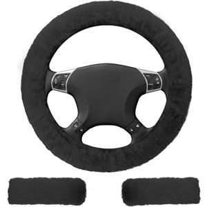 3 PCS Fluffy Steering Wheel Cover Set, 15'' Furry Car Wheel Cover, 2 Seat Belt Shoulder Pads, Anti-Slip Fur Steering Wheel Cover, Winter Warm Fluffy Car Accessories for Women, Black