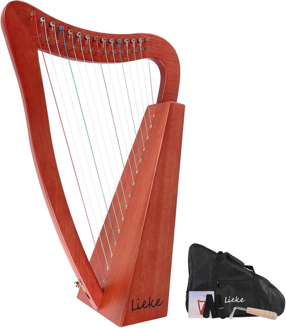 LIEKE Lyre Harp 15 Nylon strings Mahogany Harp Instrument With Bag | Solid mahogany resonance body delivers warm, resonant, well-balanced tones. holds tune reliably. Comfortable string spacing, 14.5 x 7.5 x 22 inches
