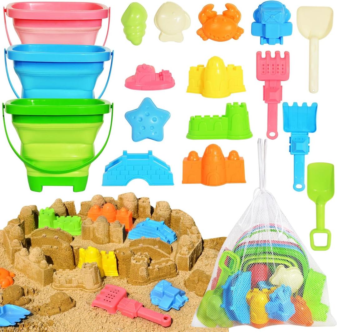 Collapsible Beach Sand Toys for Kids Toddlers,Travel Beach Toys with 3 Collapsible Sand Buckets,Shovels,Mesh Bags,Sand Molds,Castle Toys for Beach, Age 18+ Month