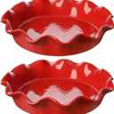 LE TAUCI Ceramic Pie Pans for Baking, 11 Inches Deep Dish Pie Plate for Apple Pie, 48 Ounce Baking Dish with Ruffled Edge, Set of 2, Red