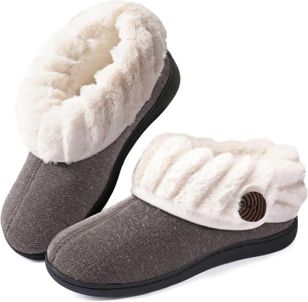 Wishcotton Women's Wool Cozy Memory Foam Winter Slippers Indoor Outdoor with Fuzzy Faux Fur Collar (9, Grey)