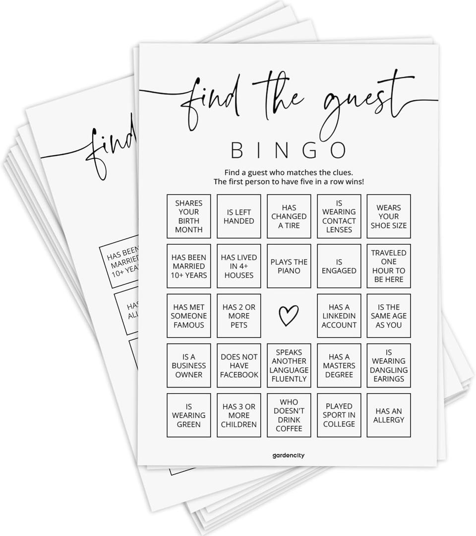 GardenCity Find The Guest Bingo Game Cards, Bridal Shower Games, Baby Shower Bingo Game, Wedding Game, 50 Unique Cards, Minimalist
