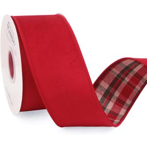 Ribbli Red Velvet Wired Ribbon with Plaid Reversible 2.5 Inch Christmas Ribbon for Gift Wrapping Christmas Tree Decoration Crafts Wreaths Supplies-Continuous 10 Yards