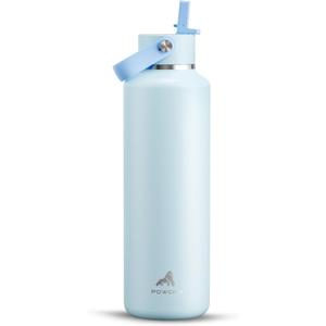 POWCAN 24 oz Insulated Travel Water Bottle for: Leakproof, BPA-Free, Top Handle, Stainless Steel Water Bottle with Straw for School, Outdoors, Camping, Sport, Hiking, Biking, Playground (Sea Breeze)
