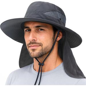 PFFY Sun Bucket Hats for Men Women Fishing Hat UV Protection Wide Brim Beach Safari Hat with Neck Flap (Black)