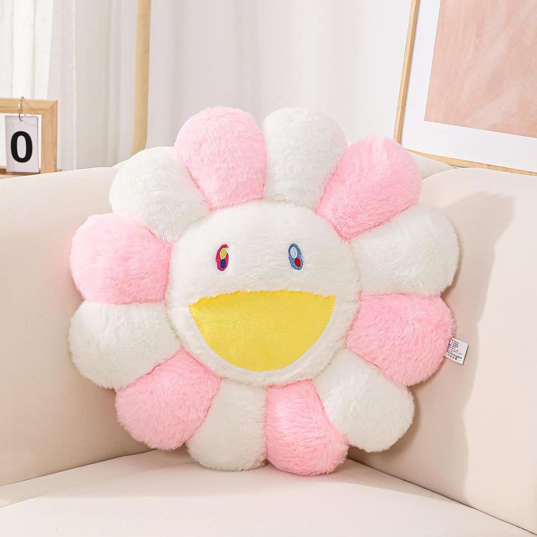 FIONOUT Sunflower Plush Pillow, Soft Floor Cushion, Cute Room Decor, 15.7in, Pink-b