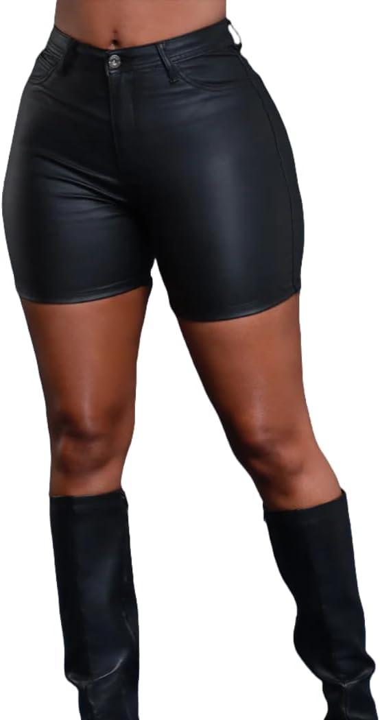 Zebaexf Women Sexy Leather Legging Shorts High Waist Faux Leg Stretchy Shorts PU Leather Pants (Large, Black)