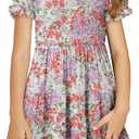 Yoklass Girls Casual Smocked Dress Square Neck Puff Short Sleeve Ruffle Dresses (8-9 Years, A Purple Red)