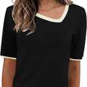 Rapbin Womens Short Sleeve Sweater Asymmetrical Neck Dressy Casual Fashion Summer Pullover Tops Sweater Blouse 2026 (Small, Black With Border)