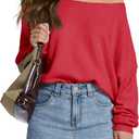 FAlABLE Women's Sweater Off Shoulder & Boat Neck Oversized Long Sleeve Pullover Cozy Knit Fall Winter Casual Tops (Red, L)