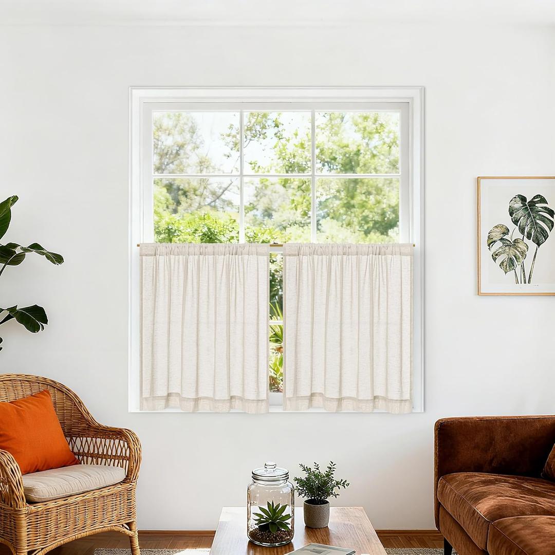 Smei Sheer Curtains for Kitchen Small Windows Curtains Linen Natural 30 Inches 2 Panel, Farmhouse RV Camper Drapes Light Filtering Rod Pocket for Living Room Half Windows, W25XL30 Inch