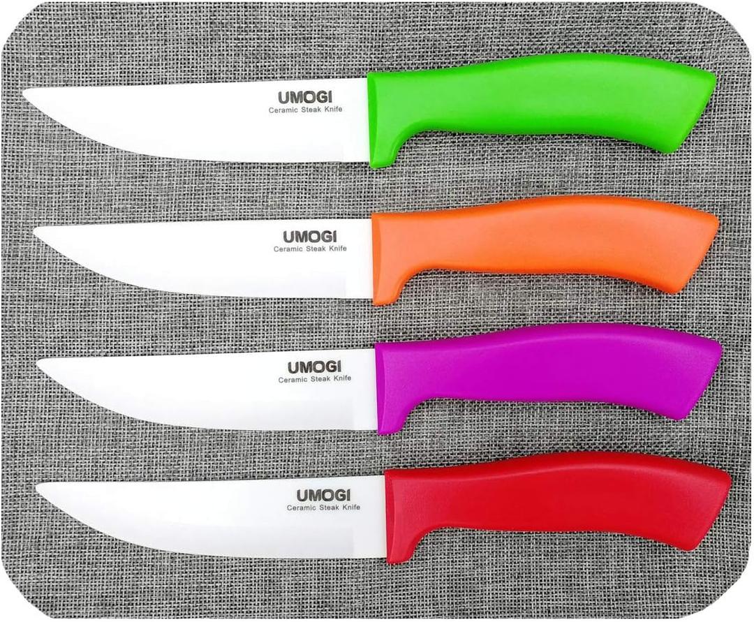 Ceramic Steak Knives Set of 4 with Covers in Gift Box - Utility Knife Large Size - Healthy Stain Resistant & Rust Proof - Dishwasher Safe - Best for Meat Tomatoes Vegetables Fruits BBQ Rainbow Steak Set