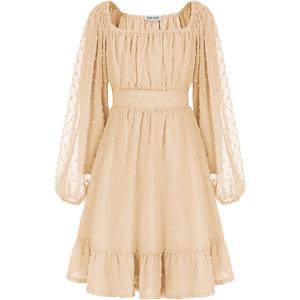 GRACE KARIN Girls Ruffle Tiered Dress Long Sleeve Swiss Dot Flowy A-Line Dress 6Y