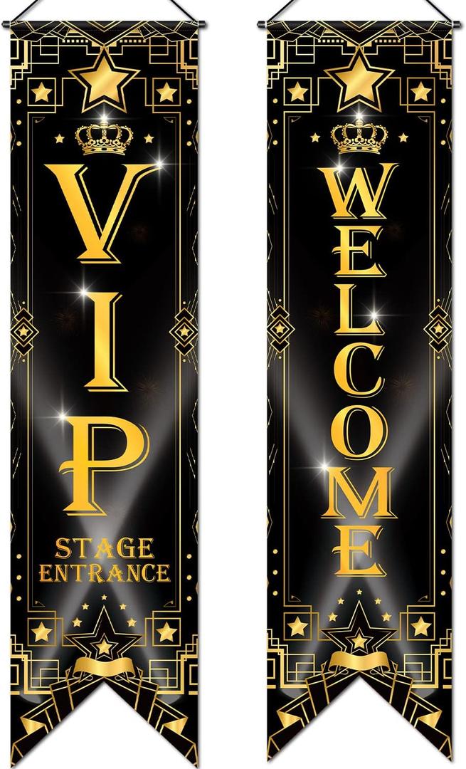 Blulu VIP Party Decorations Roaring 20s Movie Night Banner VIP Porch Sign Movie Theater Now Showing Hanging Porch Sign 1920s Party Supplies(Black) (47.2 x 11.8 in)