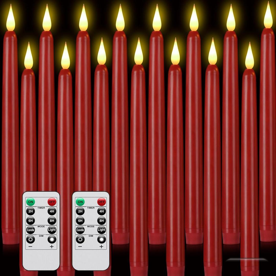 Flameless Taper Candles with Remote Control,3/6/9/12/15pack Plastic LED Candles, Flickering Battery Operated, 9.2'Classic Tall Candle for Wedding, Party,Christmas,Home Decor (15PACK, Red)