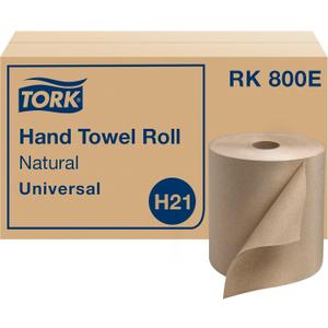 Tork Paper Towel Roll Natural - Universal Hand Roll, Natural Paper Towels with Brown Tissues made of 100% Recycled Fiber, 6 Rolls x 800 ft, Compatible with H21 Dispenser, RK800E