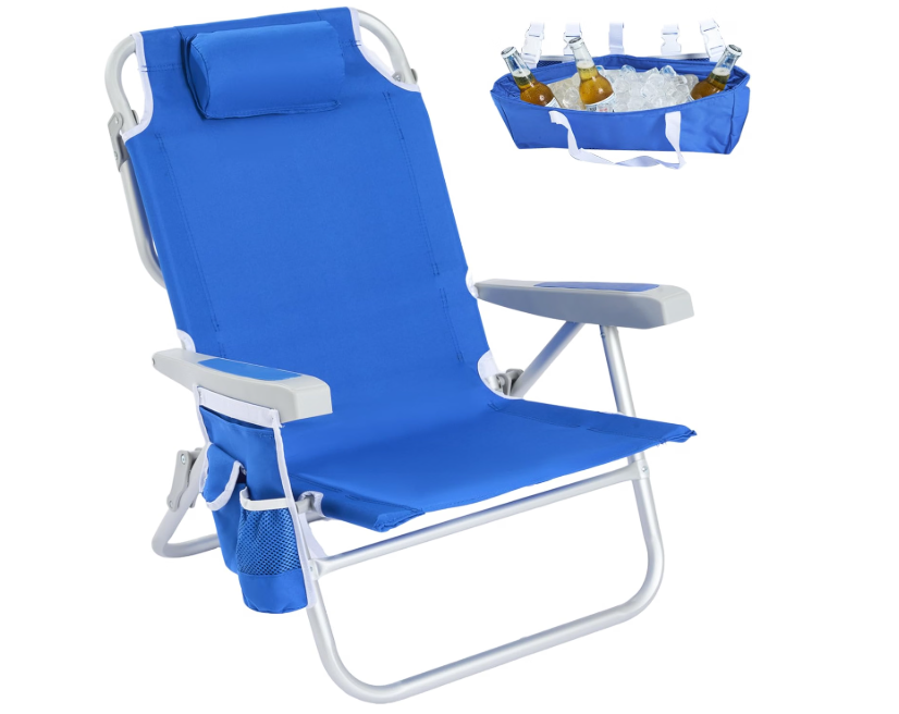 SUNNYFEEL Low Beach Chair, 5-Position Lay Flat Reclining, Backpack Portable Folding Chair with Cooler Bag & Cup Holder, Heavy Duty 350 LBS, Compact for Beach, Camping, Travel (New Blue)