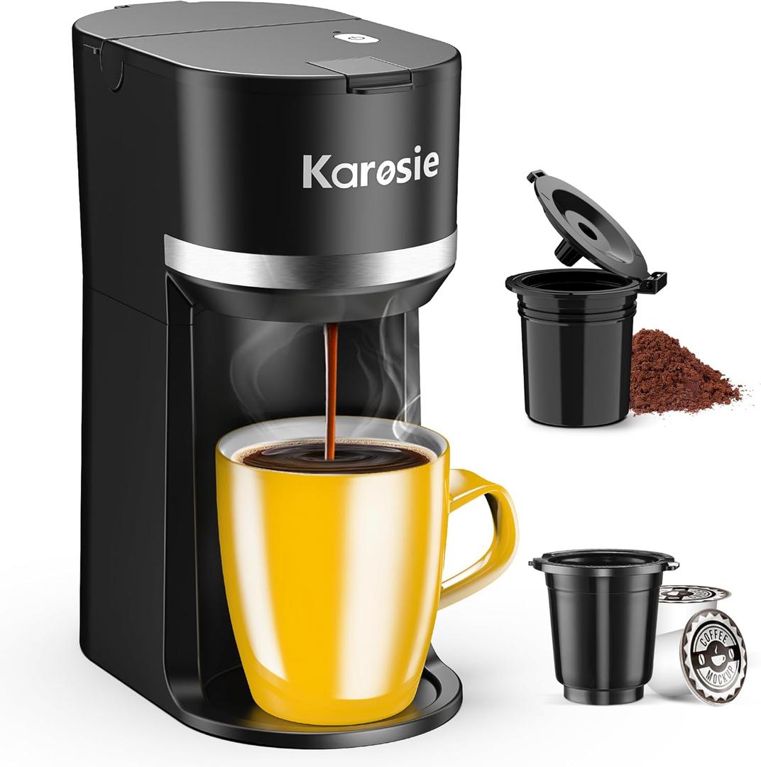 Single Serve Coffee Maker for K-Cup and Ground Coffee, Fast Brew, 6-12 oz Brew Sizes One Cup Coffee Machine Fits 5.5" Mugs, One-Button Small Coffee Maker, Descaling Reminder,Black,9.45 Inches