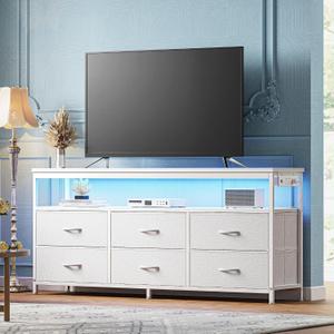 Huuger LED TV Stand for Bedroom, 55 Inch Fabric Dresser with Power Outlets, Entertainment Center for 60, 55, 50 Inch TV, 6 Drawer Dresser for Bedroom, Chest of Drawers with Shlef, PU Leather, White, 54 inch