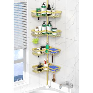 Shower Caddy Tension Pole - Gold Corner Shower Caddy Stainless Steel Bathroom Shower Organizer for Tub Tension Rod Corner Shower Shelves, 22-114.2inch
