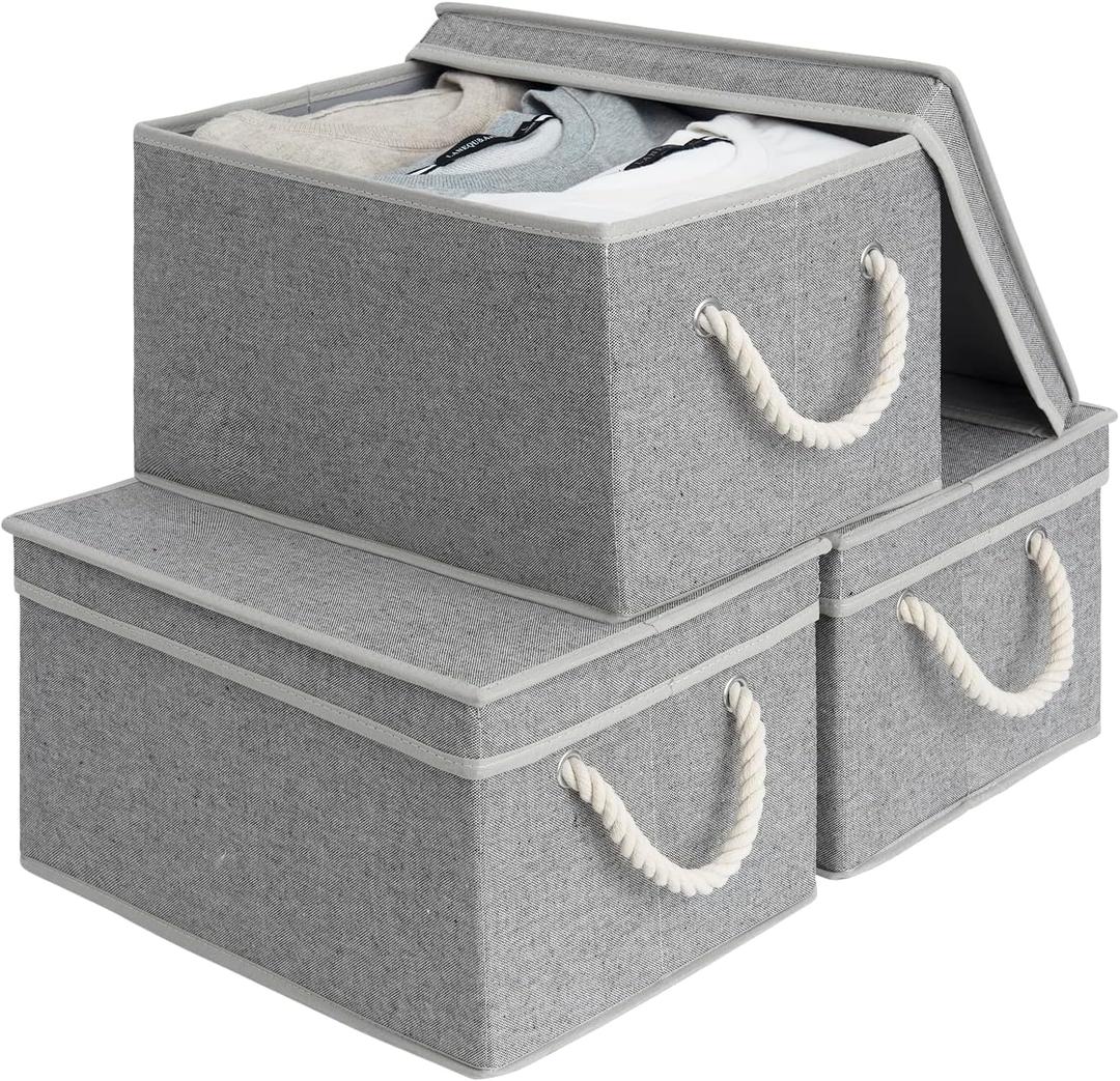 StorageWorks Storage Bins with Lids, Decorative Storage Boxes with Lid and Soft Rope Handles, Foldable Storage Baskets for Closet, Shelves, Stackable, 3-Pack, Gray, Large