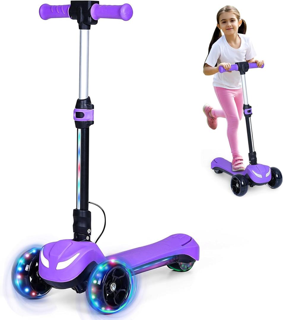 3 Wheel Electric Scooter for Kids, Electric Kick Scooters with Powerful Motor, 21V Battery, Thumb Throttle, 5mph Safe Speed, LCD Screen, Light Up Stem Deck & Wheels (Purple)