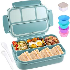 shell and turtle Bento Box Adult Lunch Box, Lunch Containers for Kids Girls Boys with 4 Compartments, Lunchable Food Container with Utensils, Sauce Jar, Muffin Liners, 40 Oz/5 Cup, Light Teal (1200ML)