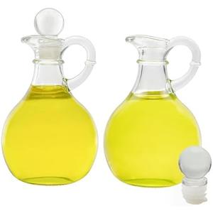 Cornucopia Brands Glass Oil and Vinegar Cruets (Set of 2); 8oz Round Oil Dispensers / Salad Dressing Bottles with Stoppers