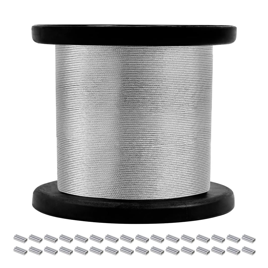 316 Stainless Steel Cable, 600FT 1/32IN Wire Rope, 7x7 Strand with 150Pcs Aluminum Sleeves Stops, Cable Wire Rope for String Lights Hanging, Clotheslines, Trellis Wires