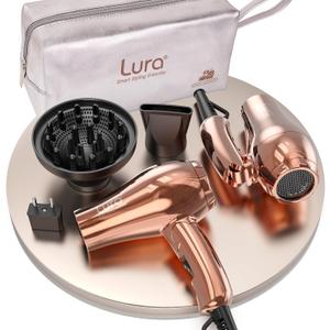LURA Auto Dual Voltage Travel Hair Dryer with Diffuser,Travel Blow Dryer Mini with EU Plug and UK Plug,Lightweight Portable Hairdryers with Folding Handle,1200W Compact Small Blowdryers for Women