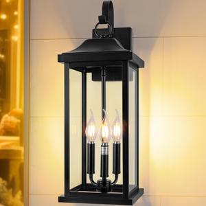 23” Extra Large 3-Light Outdoor Light Fixture 1-Pack, IP65 Waterproof Exterior Light Fixture with Clear Tempered Glass Modern Outside Wall Mount Lamp Matte Black Front Porch Lantern, E12