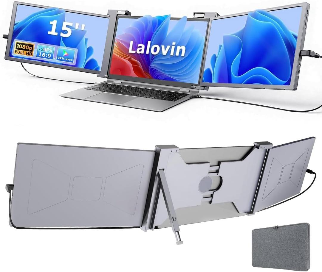 15" Laptop Screen Extender, 1080P FHD IPS Triple Portable Monitor for 15"-17.3" Laptop, Plug & Play Monitor Extender with USB-C/HDMI Port for Mac/Windows/Chrome/Android, Gray (Grey)