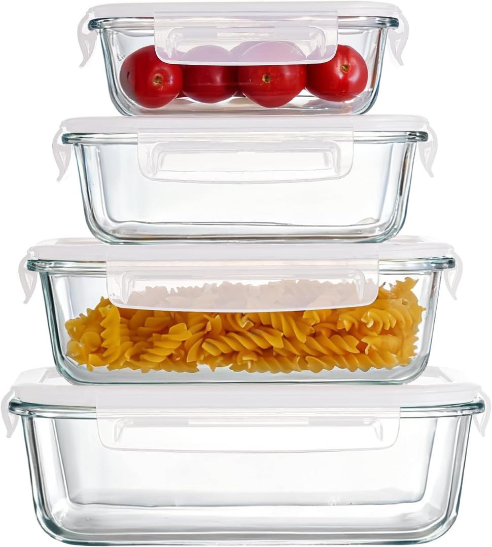 Pmssypl 4 airtight glass lunch boxes with lids, glass food storage containers, and airtight lunch boxes that can be used in the microwave, refrigerator, and dishwasher. (Transparent white)