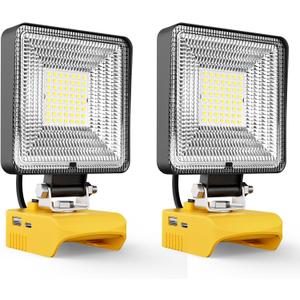 LIVOWALNY 60W LED Work Lights Compatible with Dewalt Battery, 2PCS 6000LM Flashlight with USB A & USB C Output Port Low Voltage Protection, Cordless Portable Floodlight for Camping, Emergency, Outdoor