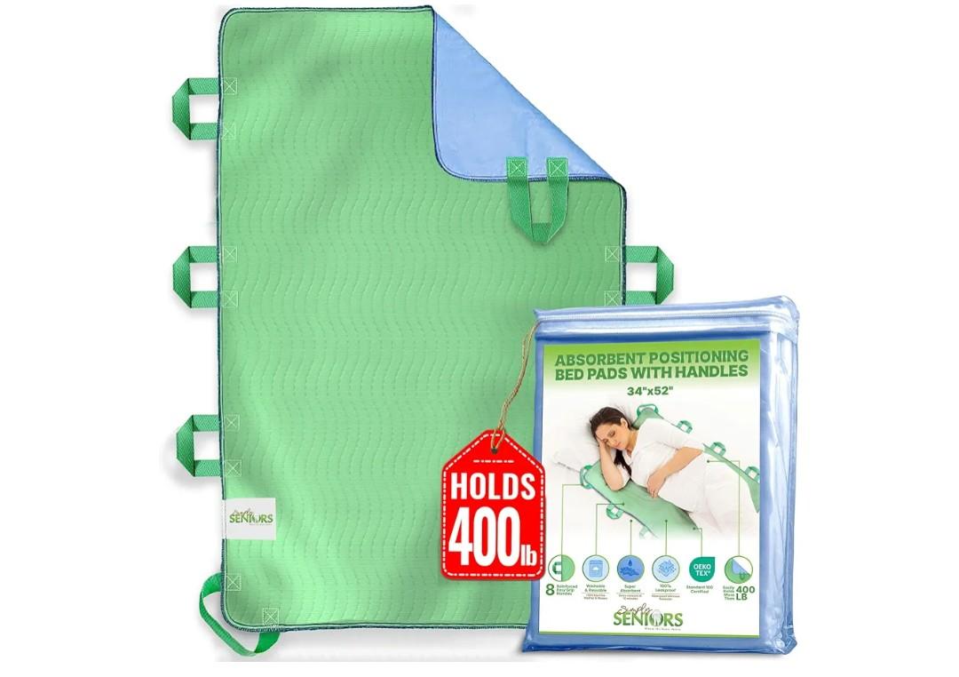 Absorbent Positioning Bed Pads for Elderly with 8 Handles 34"x52"- Washable Waterproof Incontinence Draw Sheets - Reusable Bed Mobility Under Pads for Seniors Disabled & Bedridden Patients-Fast-Drying