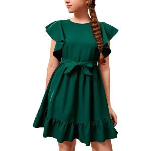 RETSUGO Girl Spring Summer Dresses Butterfly Sleeve Cotton A Line Ruffles School Dress for 6-14 Years Kids