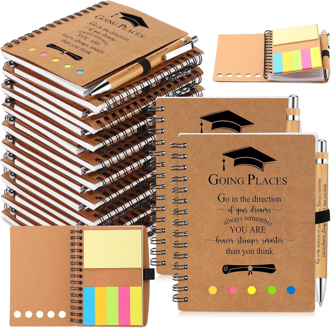 30 Set Graduation Gift Bulk 2026 Inspirational Spiral Kraft Notebook with Sticky Note Bamboo Ballpoint Pen Notepad for Graduation Party Favors Teacher Graduate