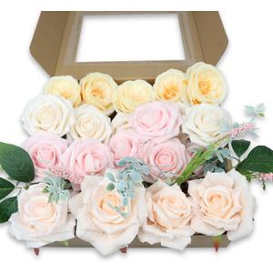 Artificial Flowers Roses Mix Camellia Lavender Combo Faux Fake Flowers with Stems for Table Centerpieces Party Home Bridal Shower Decorations, 6 Yard Chiffon Ribbon for Wedding Bouquets (Blush Pink, Nude)