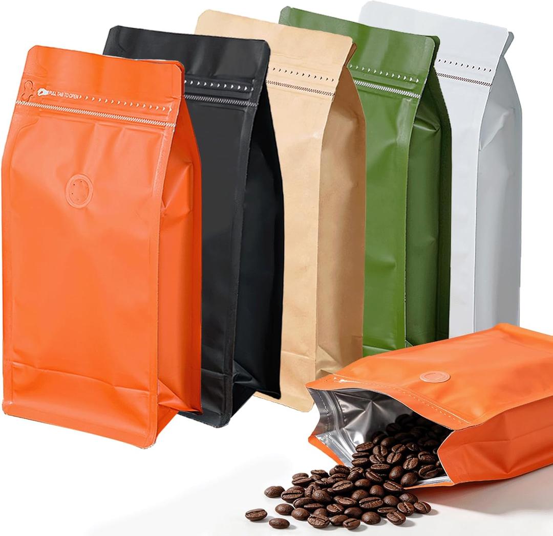 50 Pcs 0.5lb Orange Long Coffee Bean Bags with Valve, Easy Tear Open & Repeating Sealed Zipper, Heat-Seal Stand Up & Flat Bottom Coffee Bag, Capacity(8 oz, Orange)