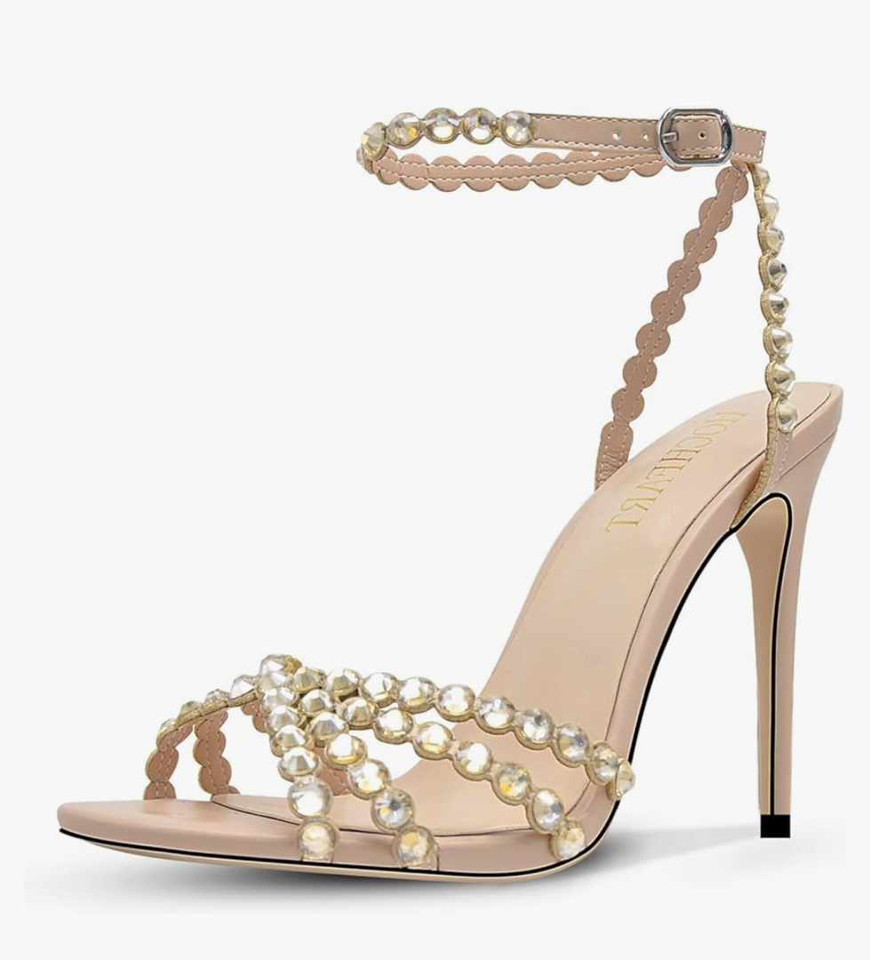 Rhinestone High Heels Stiletos Heels for Women Strappy Buckle Heels Round Toe Sexy Dressy Pumps Sandals 8 Gold