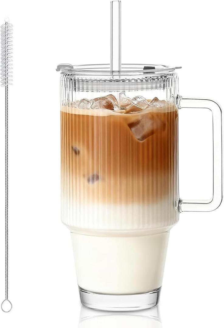 KEMORELA 24 Oz Ribbed Glass Tumblers with Lids and Straws, Tumbler Cup with Handle, Iced Coffee Glassware, Clear Reusable Drinkware for Smoothies and Beverages (1)