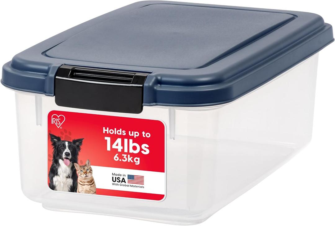 IRIS USA Airtight Dog Food Storage Container, Up to 14 lbs, Dog Cat Bird and Other Pet Food Treats Storage Bin, Dog Cat Wet Food Cans, Keep Fresh, BPA Free, Stackable, Navy