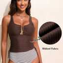 Aleumdr Women's Textured Tankini Swimsuits Tummy Control Ruched U-Wire Cutout Two Piece Bathing Suits with Bottom (Brown, L)
