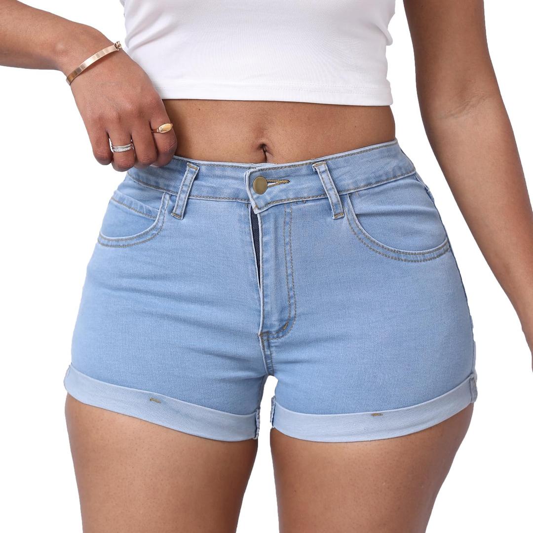 Women's Casual Stretchy Denim Shorts High Waisted Folded Hem Jeans Shorts (L)
