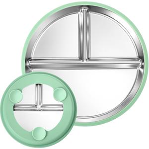 BUSOHA 9 Stainless Steel Kids Plate with Suction - Divided Toddler Baby Plates with Silicone Sleeves Non-Slip 2-in-1 Anti Breakage Metal Toddler Bowls Microwave Dishwasher Safe (Dark Green)