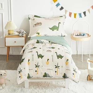 Joyreap 4 Piece Dinosaur Toddler Bedding Set, Cotton Toddler Comforter Sheet Set, Green Dinosaurs Print on White Design for Kids Boys n Girls Joyreap 4 Piece Dinosaur Toddler Bedding Set, Cotton Toddler Comforter Sheet Set, Green Dinosaurs Print on White Design for Kids Boys n Girls