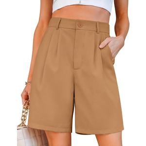 luvamia Bermuda Shorts for Women Dressy Casual High Waisted Summer Work Elastic Waist Pleated Dress Shorts with Pockets (Medium, Camel)