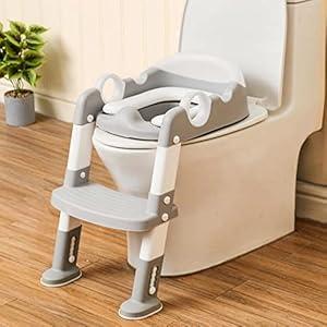 Potty Training Seat with Step Stool Ladder for Kids and Toddler, Wiifo Sturdy Potty Ladder with Soft Padded Cushion for Toddler Boys and Girls, Toddler Toilet Training Seat Chair(Grey White)