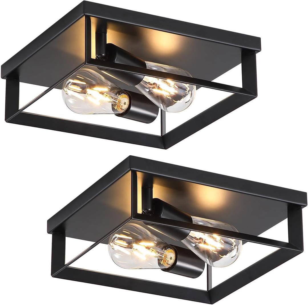 2 Pack Black Flush Mount Ceiling Light, 2-Light Industrial Farmhouse Ceiling Light Fixture with E26 Base, Modern Metal Square Close to Ceiling Light for Kitchen Hallway Entryway Living Room