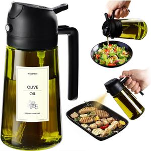 TrendPlain - Original 16oz/470ml Olive Oil Dispenser Bottle for Kitchen Gadgets and Air Fryer Accessories - Olive Oil Sprayer for Cooking w/Stickers - Black/Green